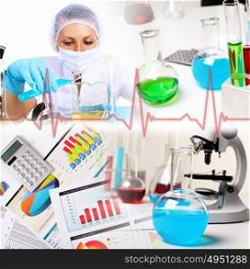Image of a doctor working in labortory and different scientific equipment