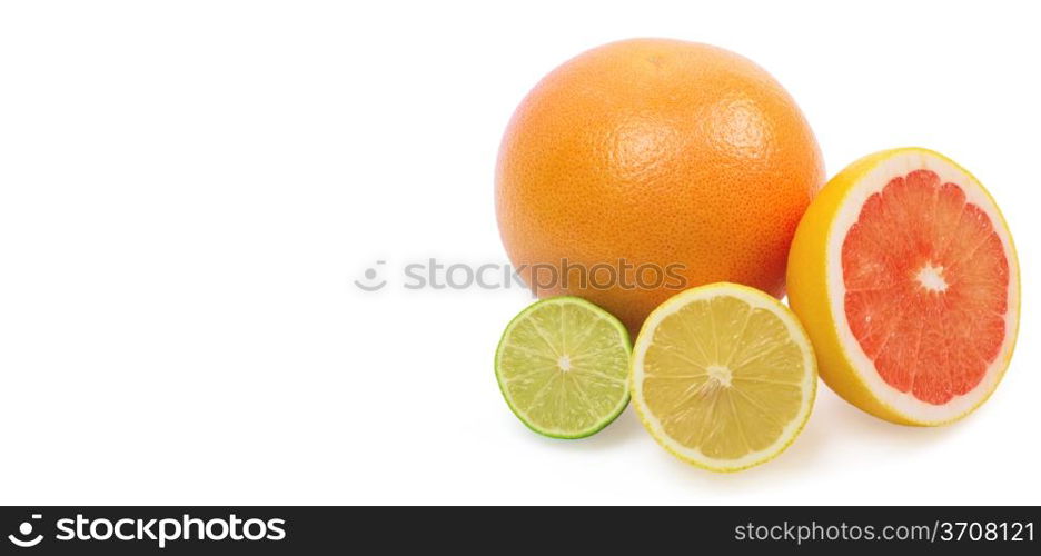 Image of a fresh whole lime, lemon and orange isolated on white