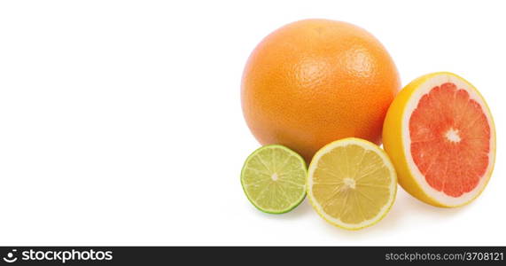 Image of a fresh whole lime, lemon and orange isolated on white