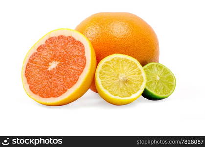 image of a fresh whole lime,lemon and orange isolated on white