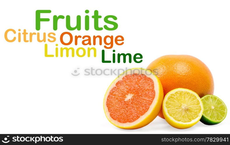 image of a fresh whole lime,lemon and orange isolated on white