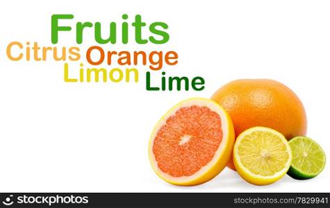 image of a fresh whole lime,lemon and orange isolated on white