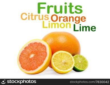 image of a fresh whole lime,lemon and orange isolated on white