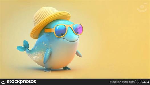 Image of a funny baby narwhal wearing sunglasses on a yellow background. Marine animal concept. Generative AI 