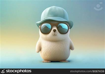 Image of a funny baby seal wearing sunglasses on a colored background. Marine animal concept. Generative AI 