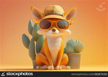 Image of a funny fox wearing sunglasses on a orange background. Mascot, animal concept. Generative AI 