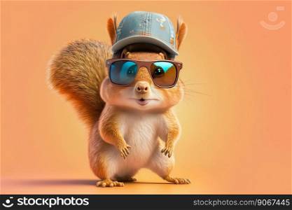 Image of a funny squirrel wearing sunglasses on a orange background. Animal concept. Generative AI 