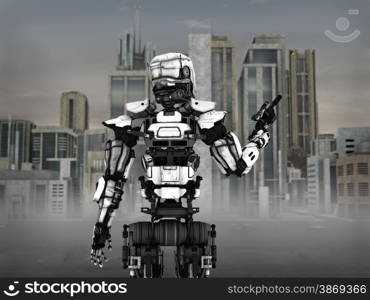 Image of a futuristic robot soldier holding gun, standing in front of a science fiction inspired city.