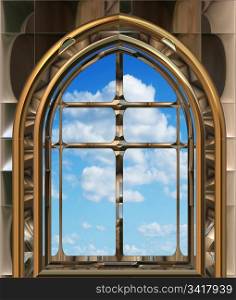 image of a gothic or science fiction window looking onto cloudy blue sky