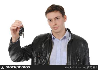 Image of a man gives the keys to the car. Isolated on white