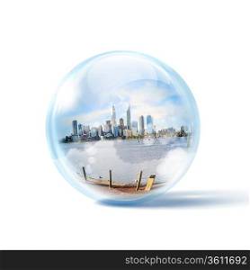 Image of a modern cityscape inside a glass sphere