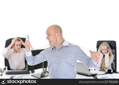 image of a nervous businessman screaming on the phone.