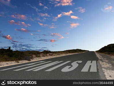 Image of a road with white arrow and finish sign