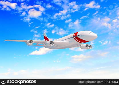 Image of a white flying passenger plane