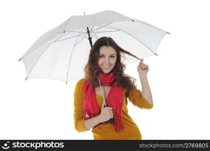 Image of a woman with umbrella. Isolated on white background