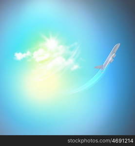 Image of airplane in sky. Image of flying airplane in clear sky with sun at background