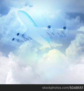 Image of airplane in sky. Image of flying airplane in sky with clouds at background