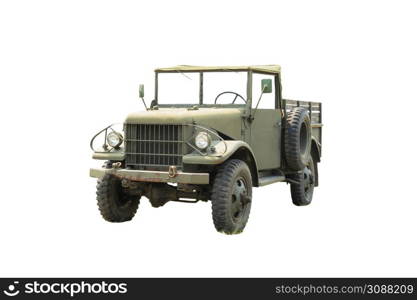 Image of an old army jeep parked in the studio, isolated on white background