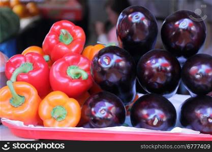 Image of background with fresh pepper and eggplant