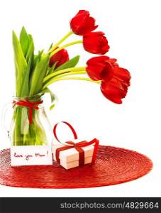 Image of beautiful red tulips bouquet in vase, white gift box with ribbon, greeting card, love you mom, happy mothers day, flowers bunch as present, romantic still life, merry holiday, love concept &#xA;