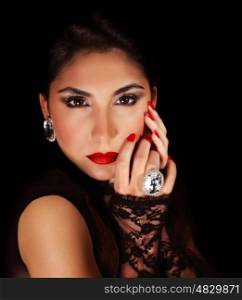 Image of beautiful woman with red sexy lips, closeup portrait of gorgeous female isolated on black background, seductive female wearing luxury diamond jewelery, passion and glamor concept&#xA;