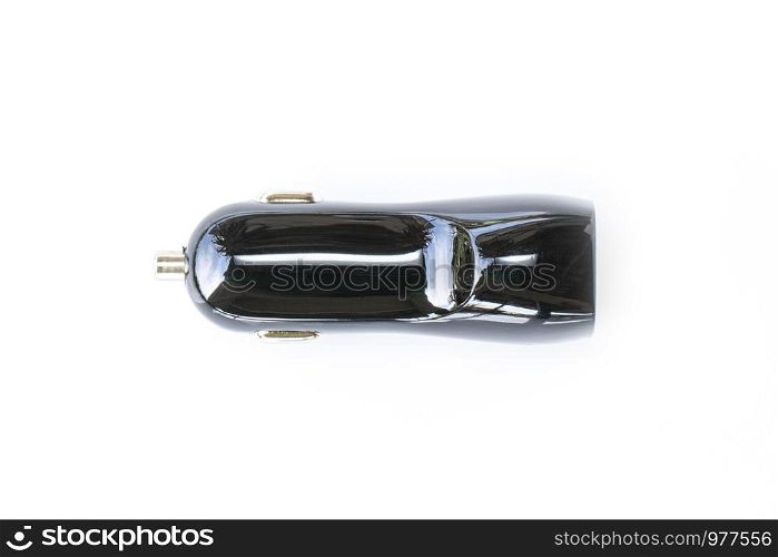 Image of black USB car charger isolated on white background.