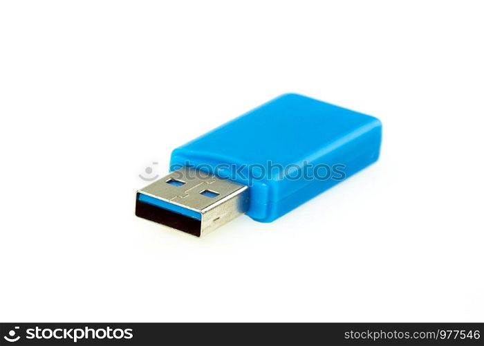 Image of blue USB flash drive isolated on white background. Computer hardware.