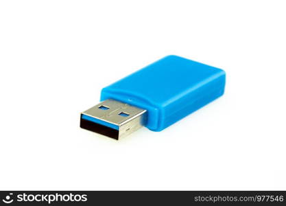 Image of blue USB flash drive isolated on white background. Computer hardware.