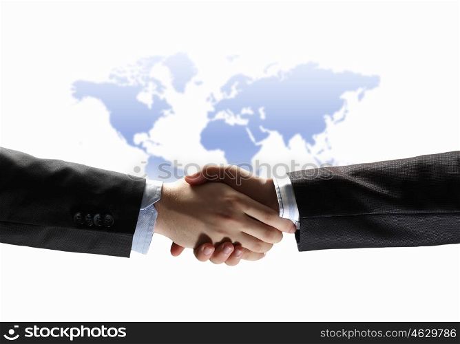 image of business handshake. business handshake against white background with map image