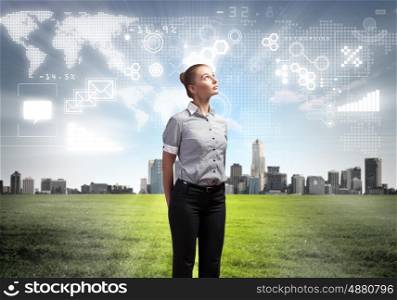 Image of business person with digital symbols