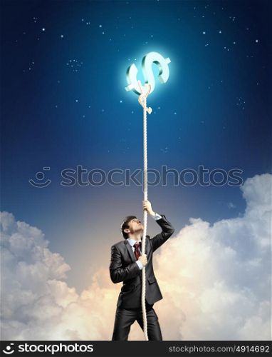 Image of businessman climbing rope. Image of businessman climbing rope attached to dollar sign