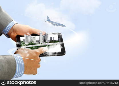 Image of businessman hands touching pad with virtual illustration