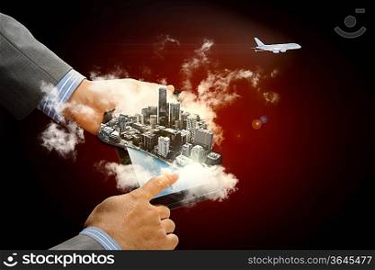 Image of businessman hands touching pad with virtual illustration