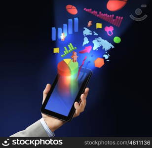 Image of businessman's hand holding pad with 3d illustration