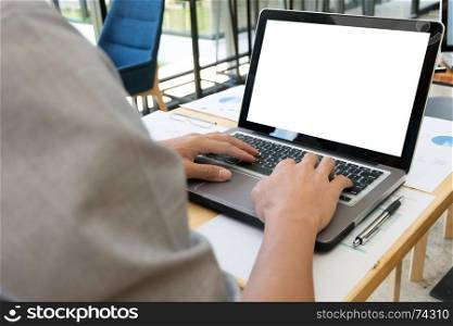 image of businessman using blank screen laptop at a office