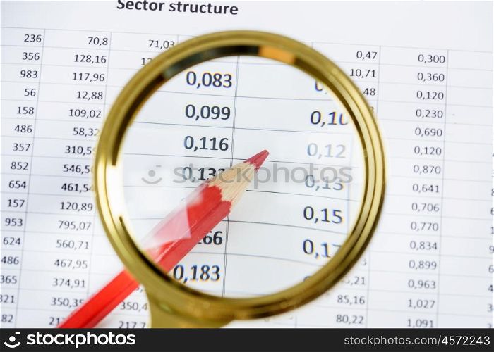 Image of businessman workplace with papers. Image of businessman workplace with papers and magnifying glass