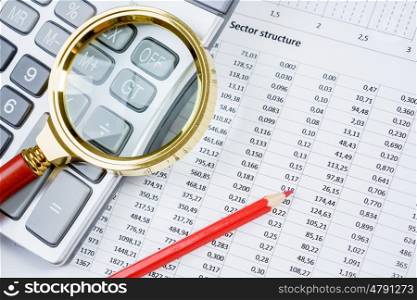 Image of businessman workplace with papers. Image of businessman workplace with papers and magnifying glass