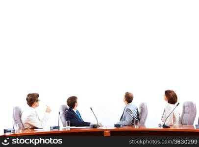 Image of businesspeople at presentation looking at screen. Space for advertisment