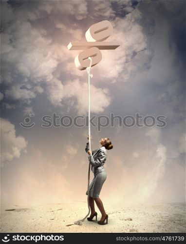 Image of businesswoman climbing the rope. Image of businesswoman climbing the rope attached to percentage sign