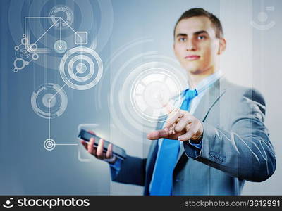 image of businesswoman touching screen with finger