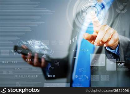 image of businesswoman touching screen with finger