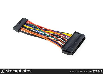 Image of connecting wires to a computer isolated on white background. Cable power to mini. Computer hardware.