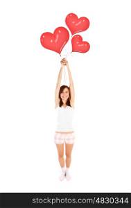 Image of cute female flying on red heart-shaped balloons, smiling woman isolated on white background, freedom lifestyle, Valentine day, romantic dream, first affection, love and happiness concept