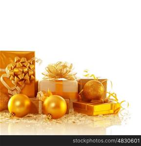 Image of different Christmas presents isolated on white background, luxury golden gift boxes with decorative bubbles, New Year surprise, festive border, holiday greeting card, Christmastime concept