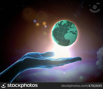 Image of earth planet on hand. Image of hand holding earth planet against illustration background