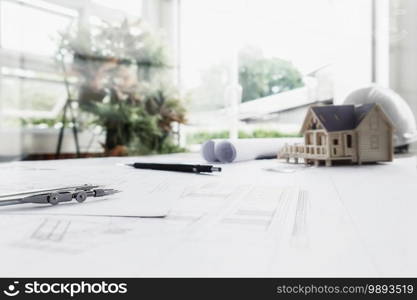 Image of engineering objects on workplace top view.Construction concept. Engineering tools.Vintage tone retro filter effect,soft focus selective focus 