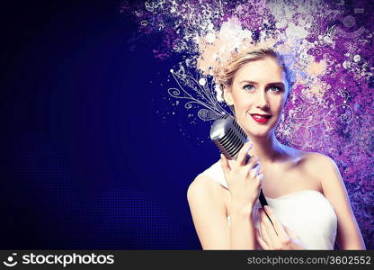 Image of female singer holding microphone against illustration background