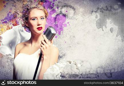 Image of female singer holding microphone against illustration background