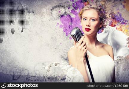 Image of female singer. Image of female singer holding microphone against illustration background