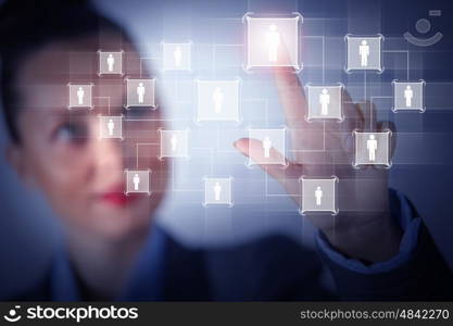 Image of female touching icon of social network. Image of female touching virtual icon of social network